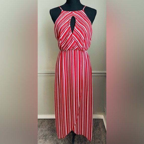 MIKEY & Joey Red White Stripe Halter Neck Midi Dress Size M - Picture 3 of 8